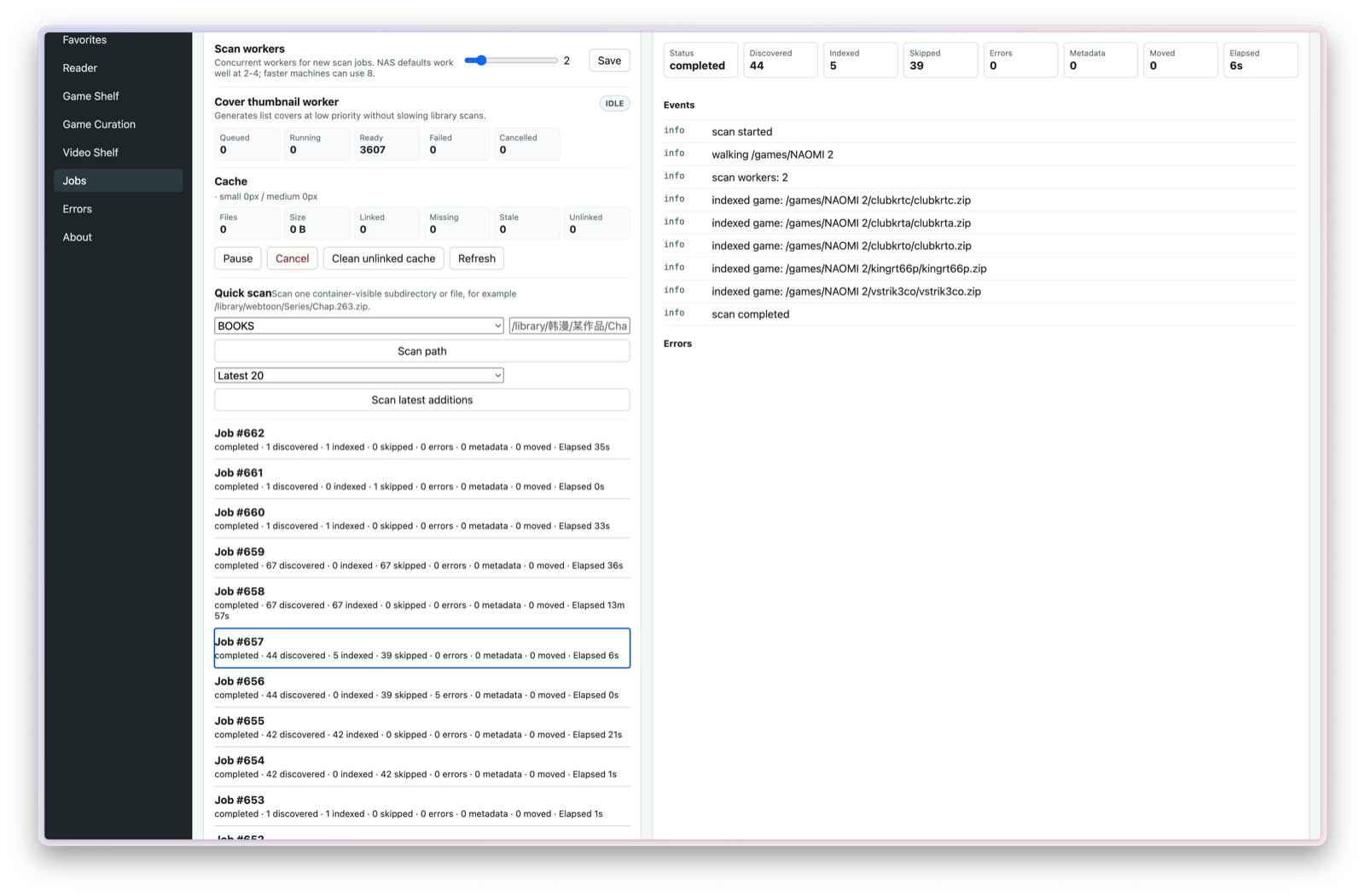 FolioSpace Library scan worker controls and completed job details.